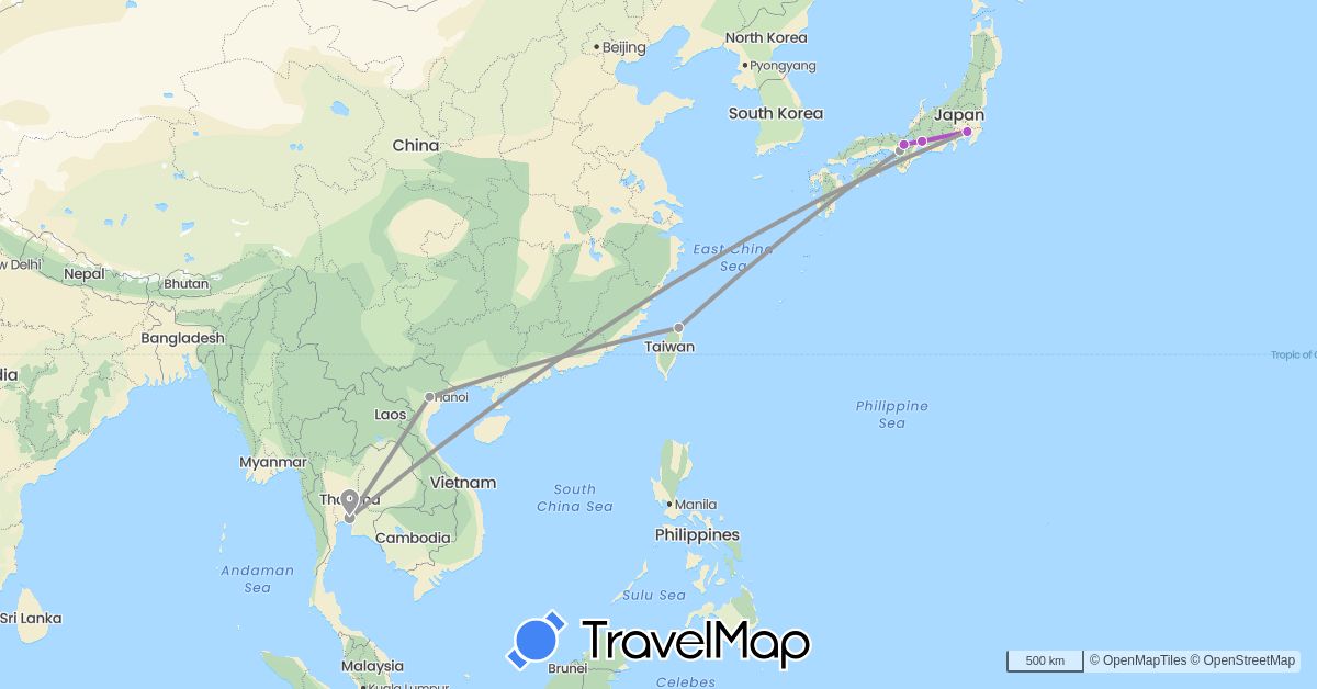 TravelMap itinerary: driving, plane, train in Japan, Thailand, Taiwan, Vietnam (Asia)